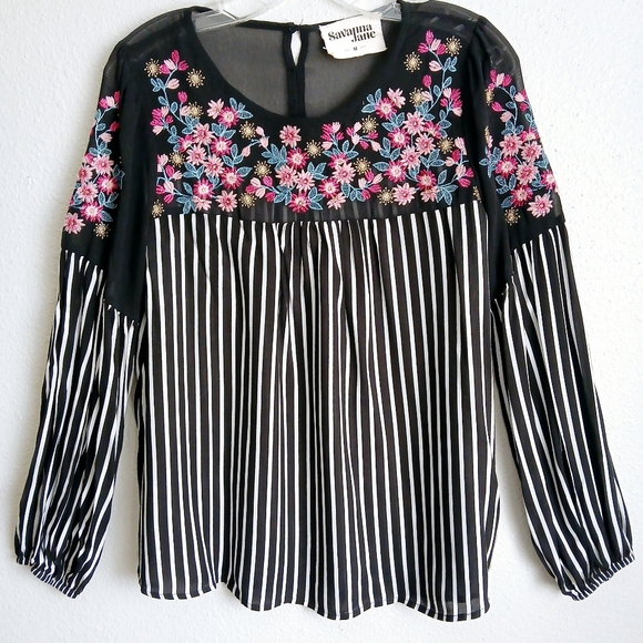 Savanna Jane Blouse Top Womens Size Medium Floral Embroidery Striped Boho - Picture 2 of 11